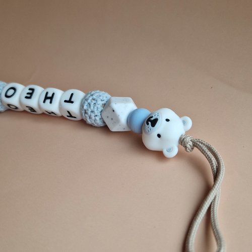 Attache Tétine Théo l'Ours Polaire - Perles en silicone - Cadeau Bébé