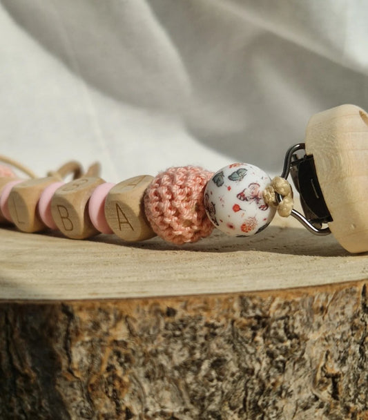 Attache Tétine Alba - Perles en silicone rose - Cadeau Bébé