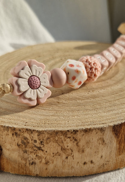 Attache Tétine Personnalisée Sofia - Perles silicone rose- Cadeau bébé