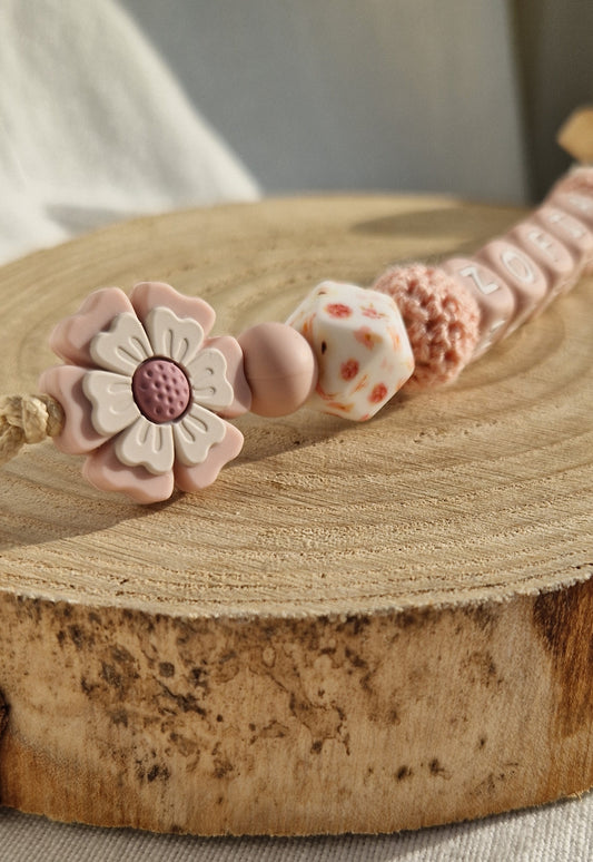 Attache Tétine Personnalisée Sofia - Perles silicone rose- Cadeau bébé