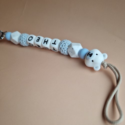 Attache Tétine Théo l'Ours Polaire - Perles en silicone - Cadeau Bébé