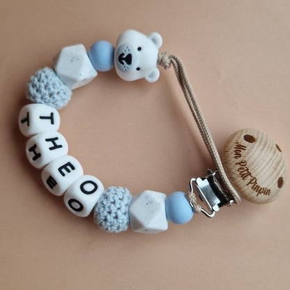 Attache Tétine Théo l'Ours Polaire - Perles en silicone - Cadeau Bébé