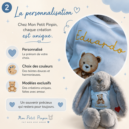 Doudou Pinpin Edu - lapin en peluche gris - cadeau bébé