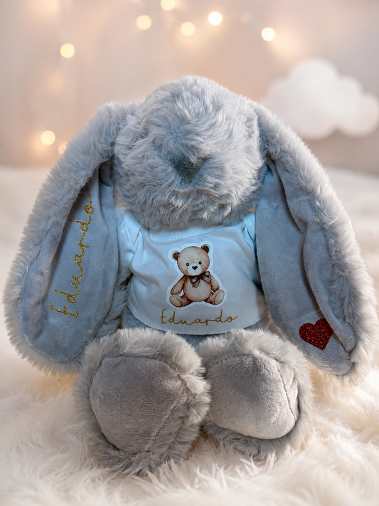 Doudou Pinpin Edu - lapin en peluche gris - cadeau bébé