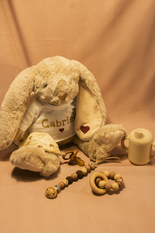 Doudou Pinpin Personnalisée - Peluche Lapin Beige - Cadeau Bébé