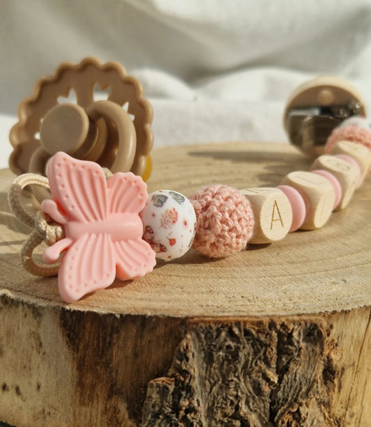 Attache Tétine Alba - Perles en silicone rose - Cadeau Bébé
